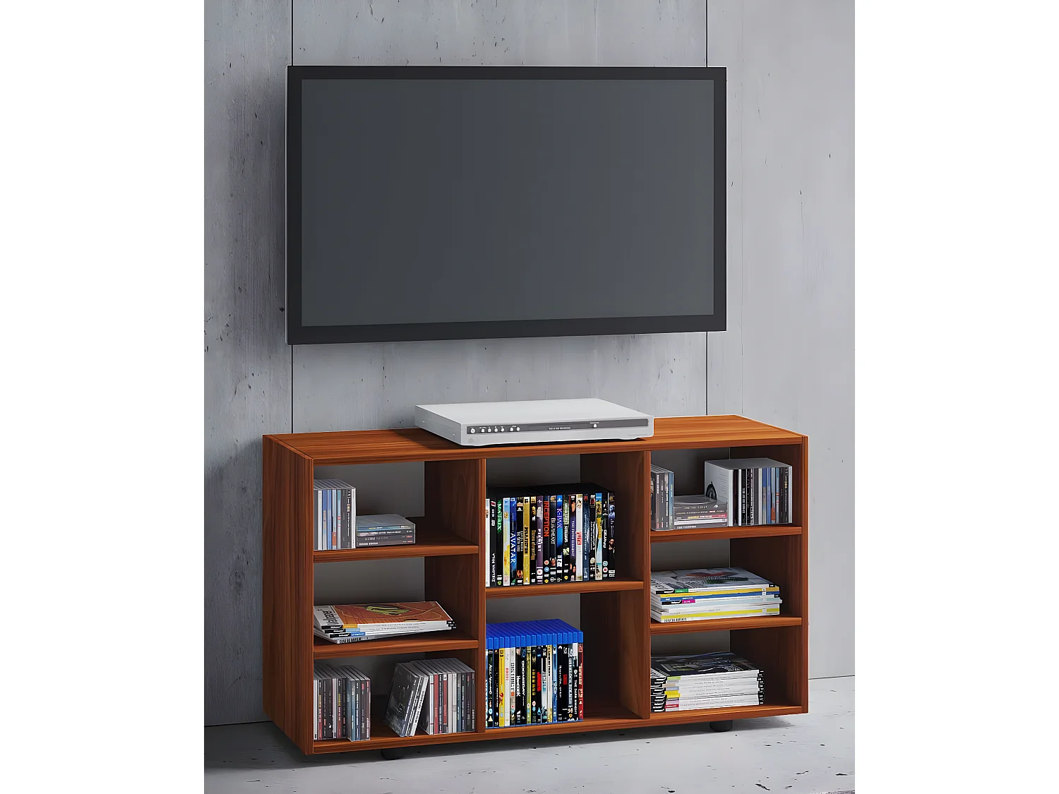 Fetino table TV 8 tablettes noyer décor.