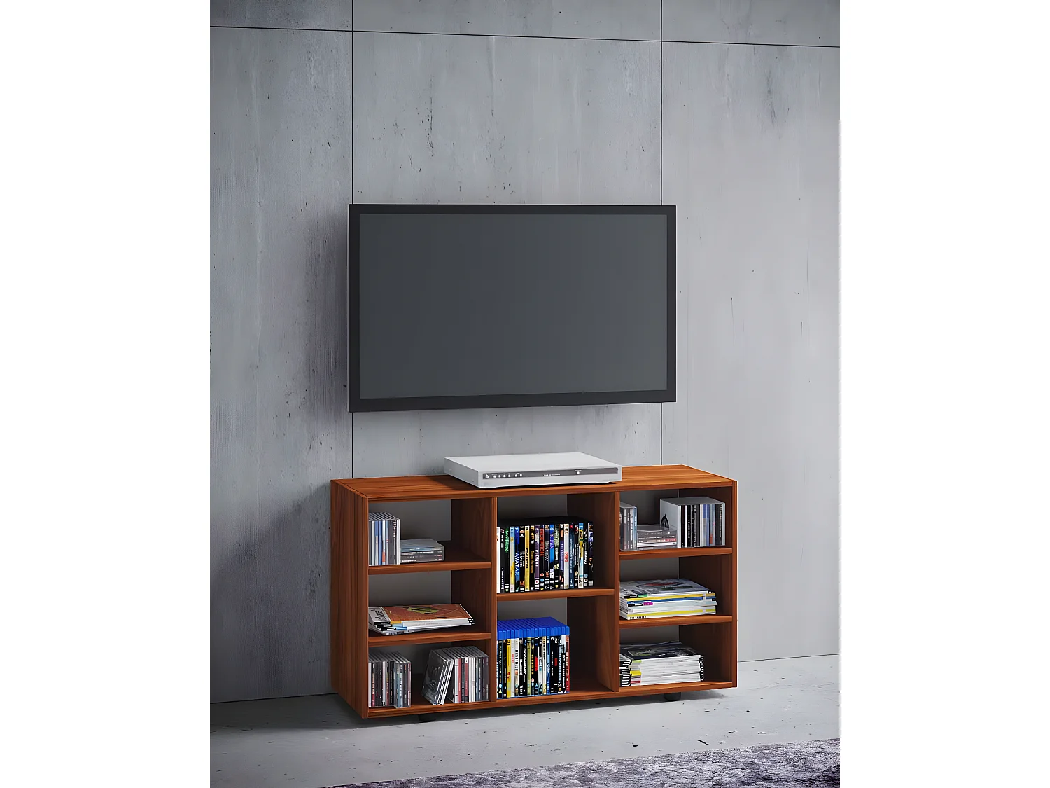 Fetino table TV 8 tablettes noyer décor.