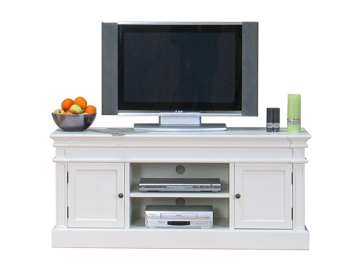 Amaretta Meuble TV largeur 137 cm, hauteur 60 cm, vieux blanc, vintage patiné.
