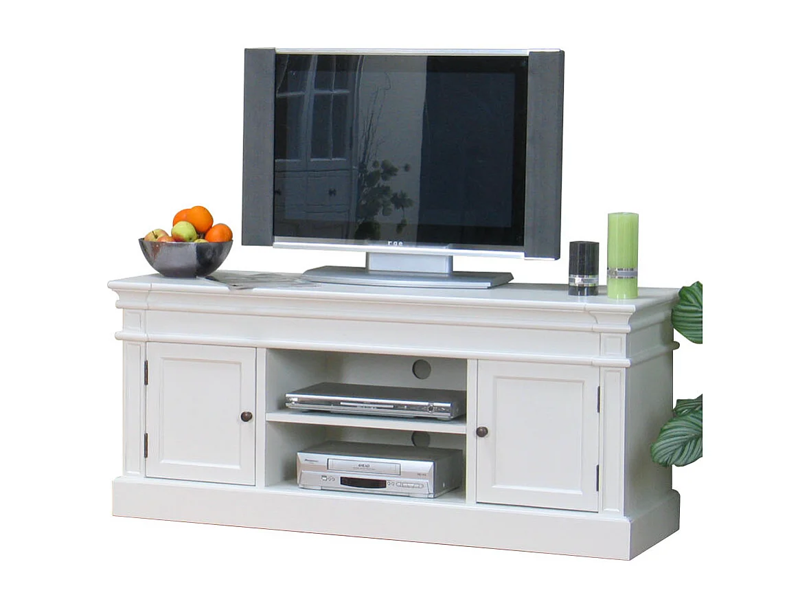 Amaretta Meuble TV largeur 137 cm, hauteur 60 cm, vieux blanc, vintage patiné.