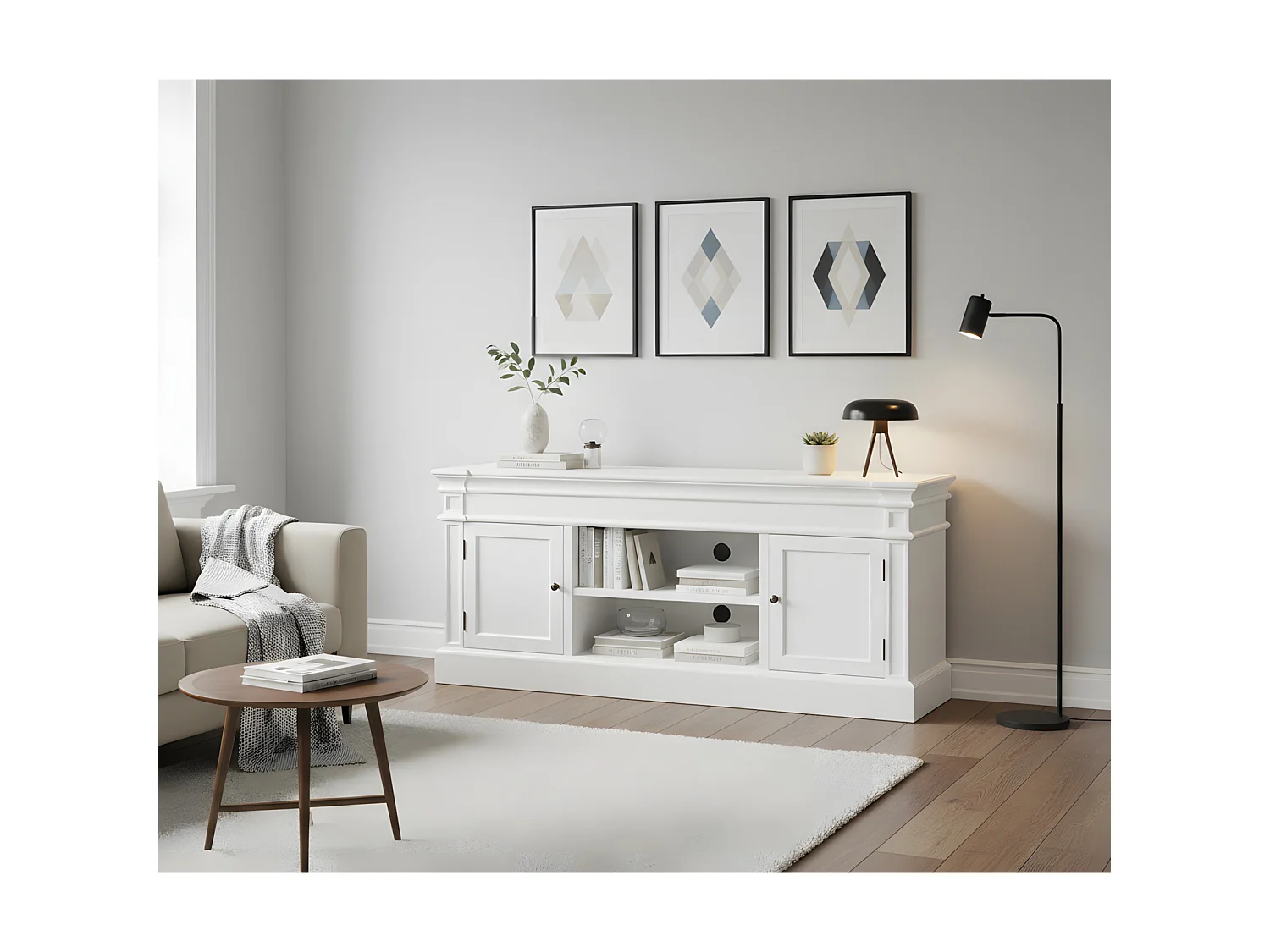 Amaretta Meuble TV largeur 137 cm, hauteur 60 cm, vieux blanc, vintage patiné.