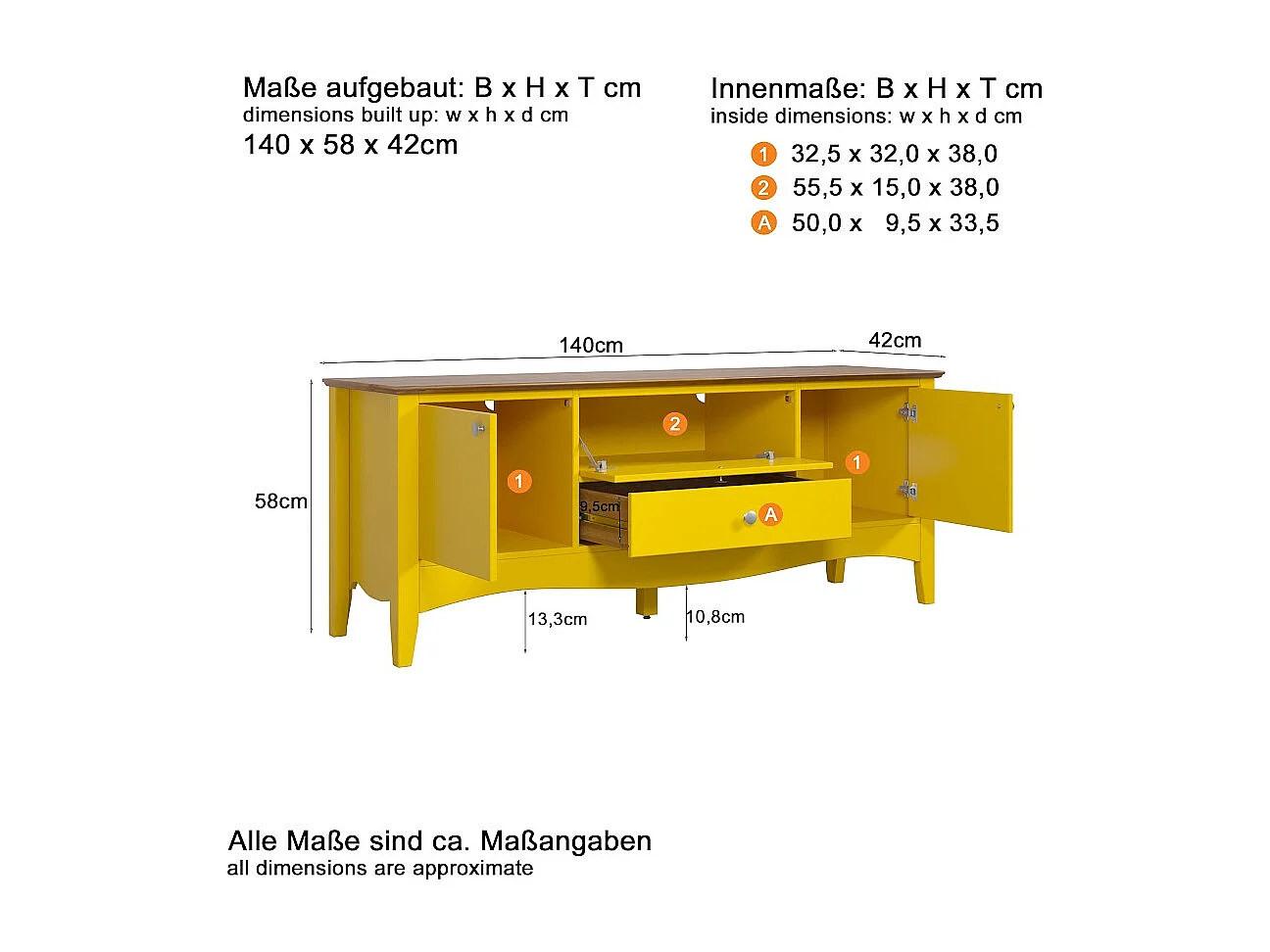 Elisa geel en licht hout tv-meubel met 3 deuren en 1 lade