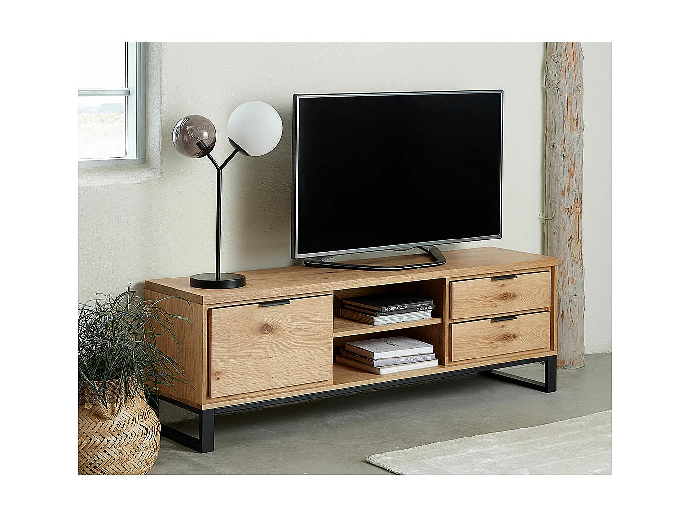 Livorno Meuble TV 1 porte, 2 espaces ouverts, 2 tiroirs, chêne, naturel.