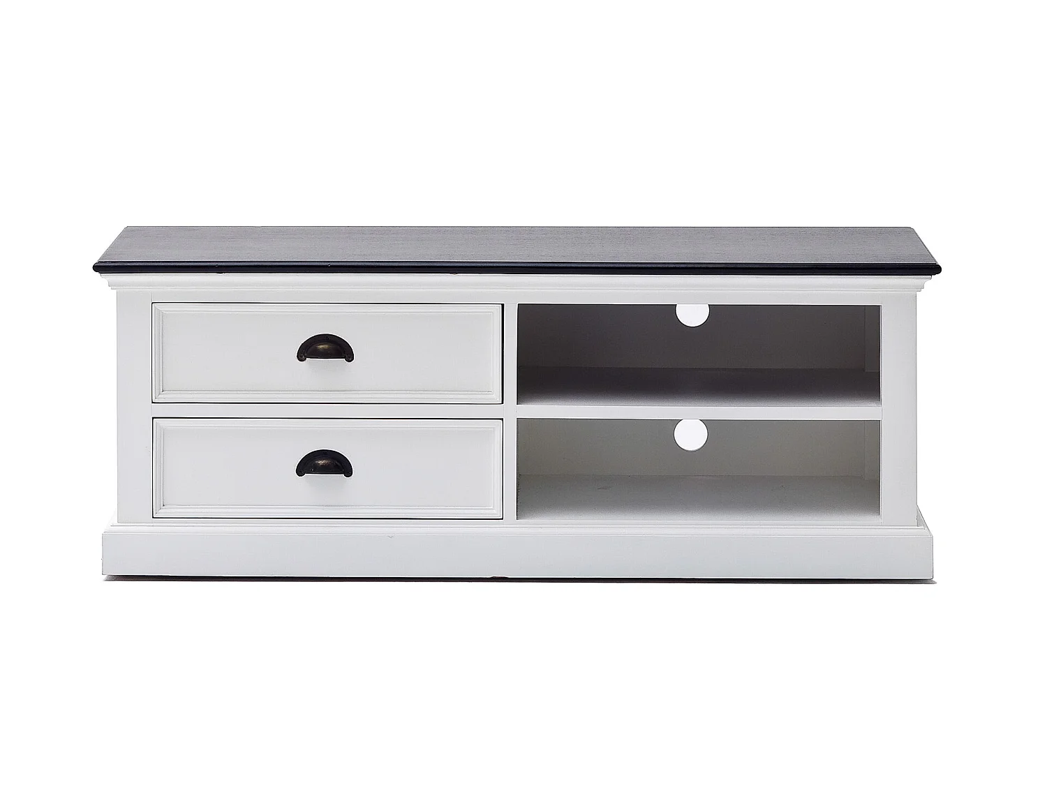 HalifaxContrast Meuble TV avec 2 tiroirs et 1 tablette de rangement blancs avec plateau supérieur noir.