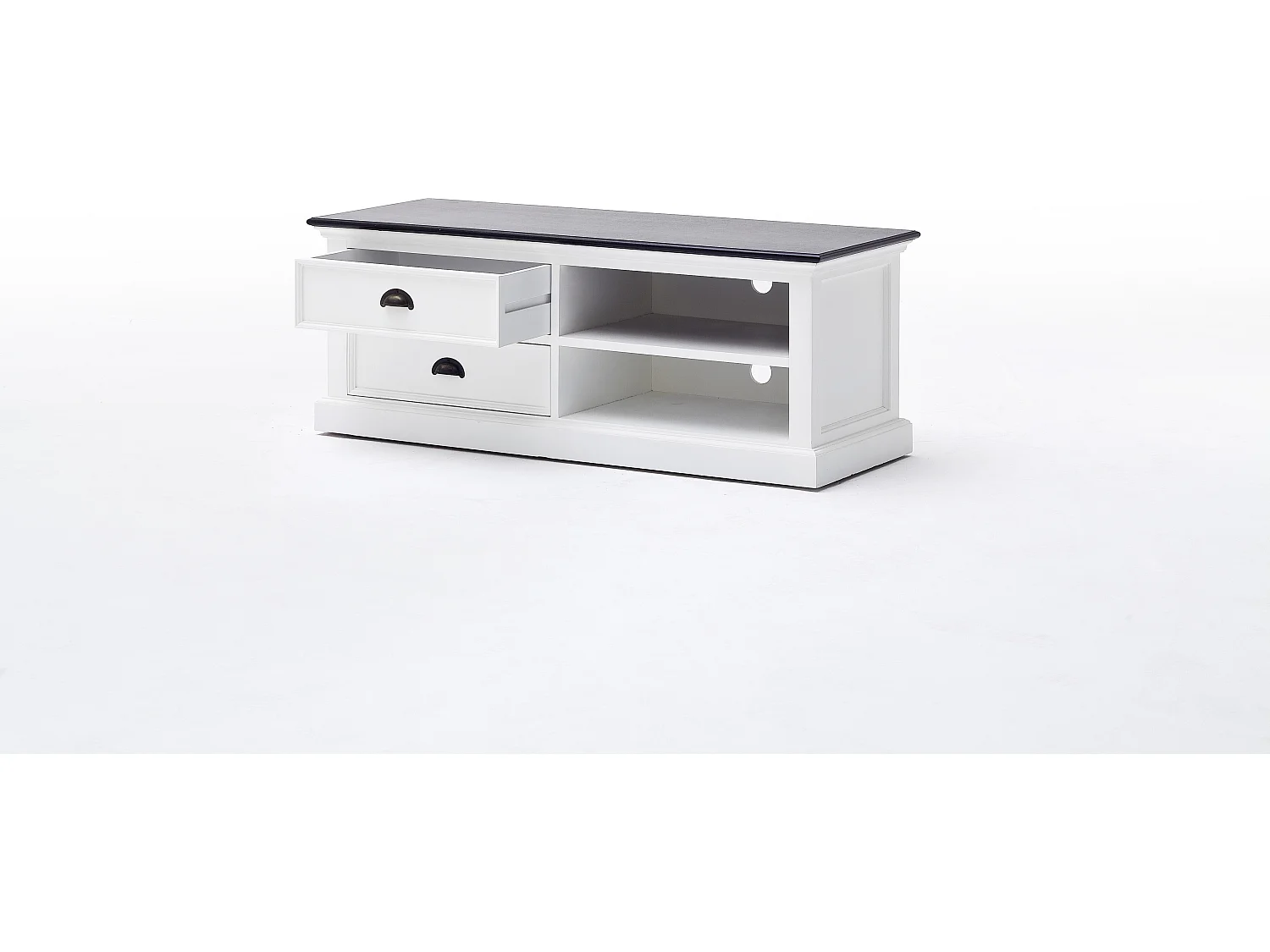 HalifaxContrast Meuble TV avec 2 tiroirs et 1 tablette de rangement blancs avec plateau supérieur noir.