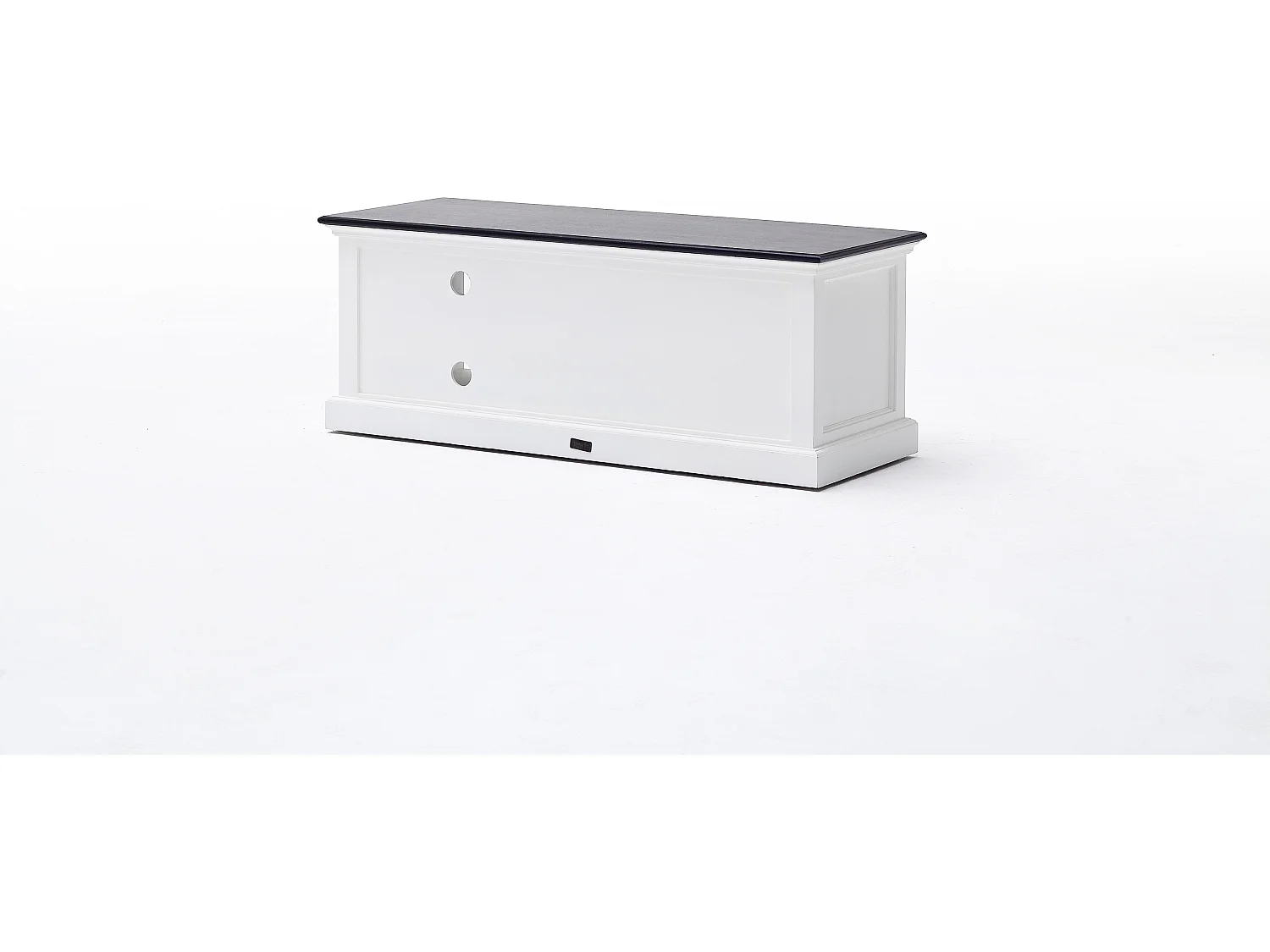 HalifaxContrast Meuble TV avec 2 tiroirs et 1 tablette de rangement blancs avec plateau supérieur noir.