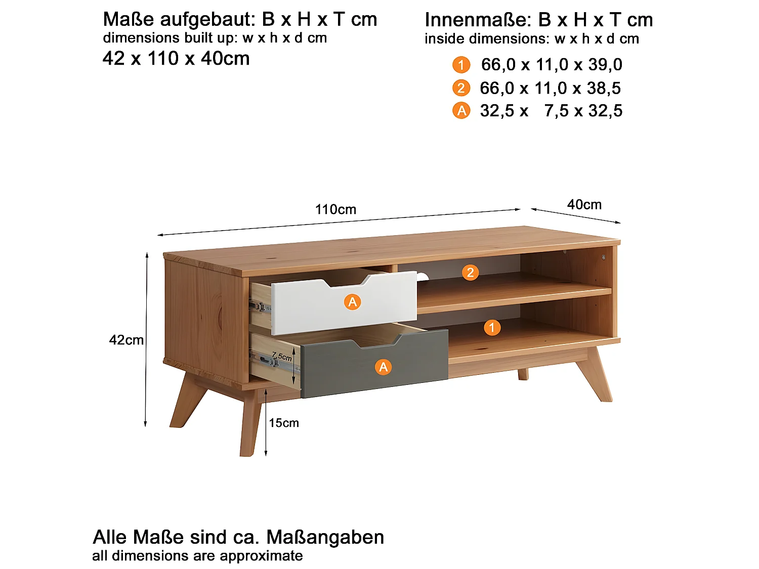 Scandik table TV 2 tiroirs, 1 tablette miel,blanc,gris.
