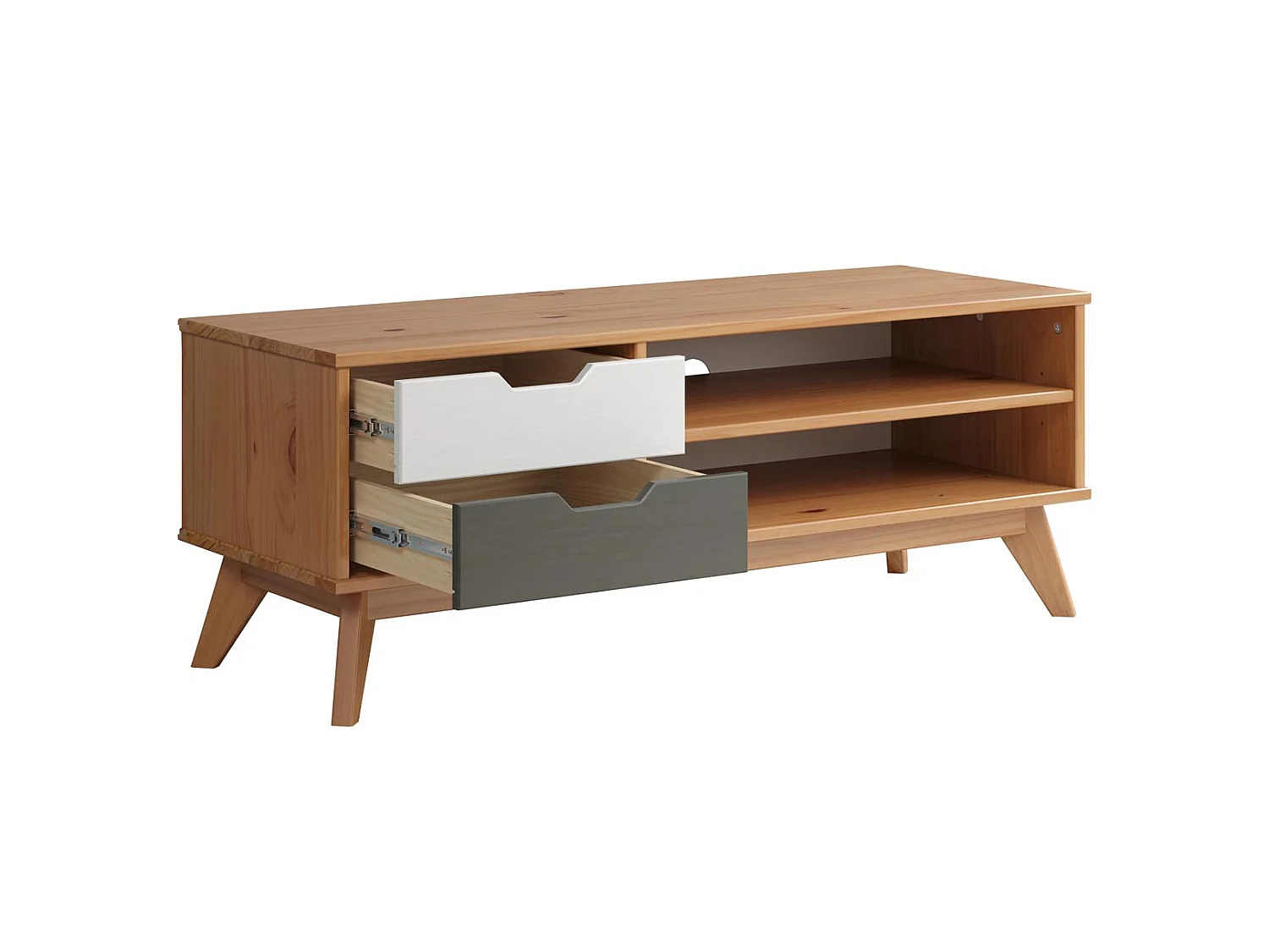 Scandik table TV 2 tiroirs, 1 tablette miel,blanc,gris.