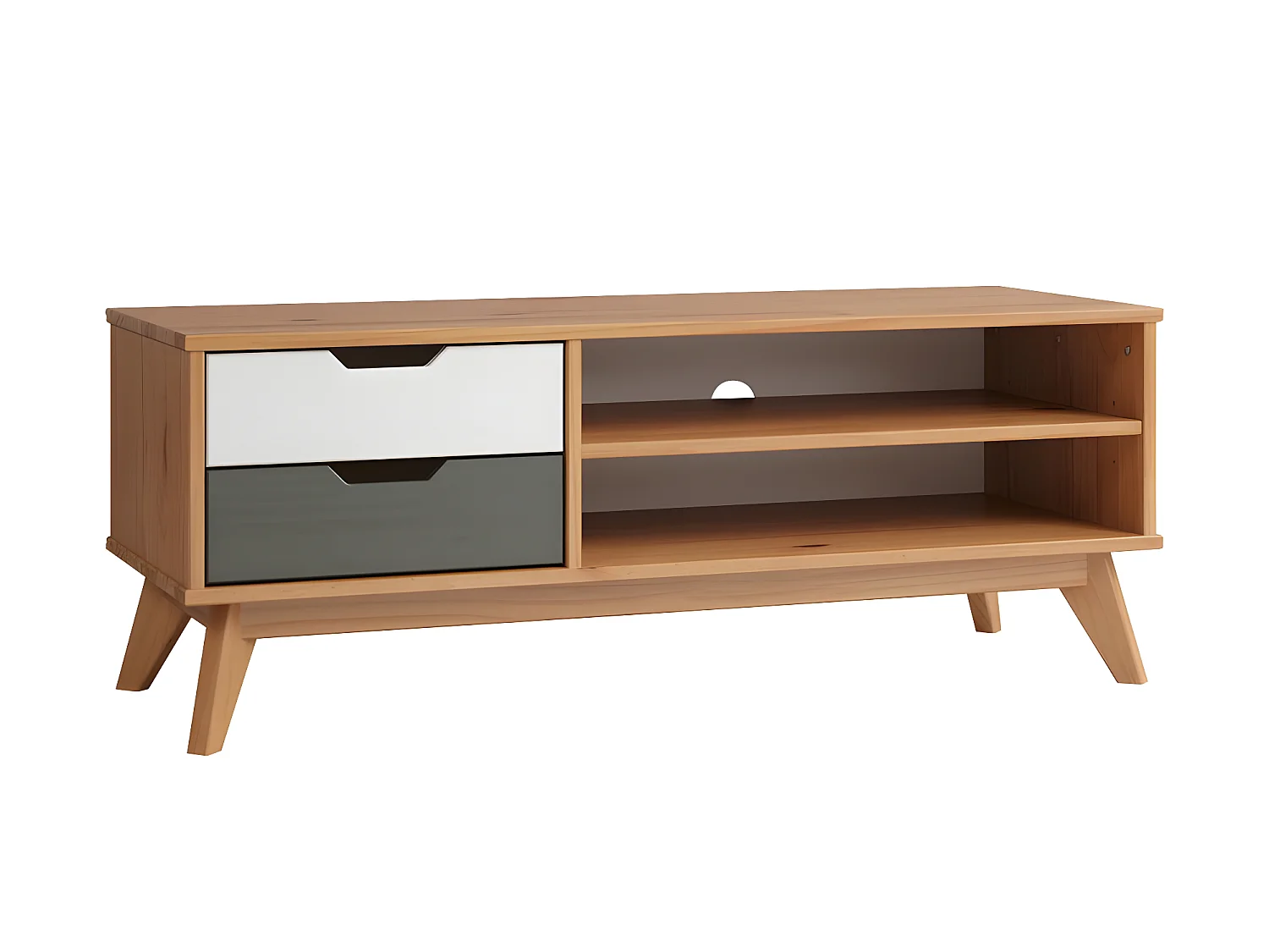 Scandik table TV 2 tiroirs, 1 tablette miel,blanc,gris.