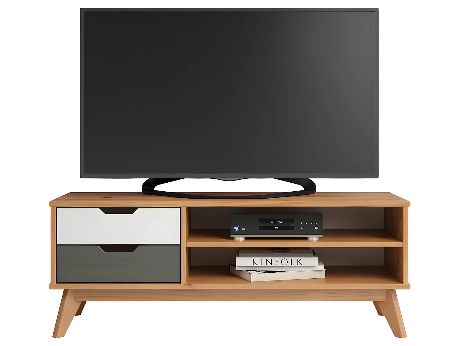 Scandik table TV 2 tiroirs, 1 tablette miel,blanc,gris.