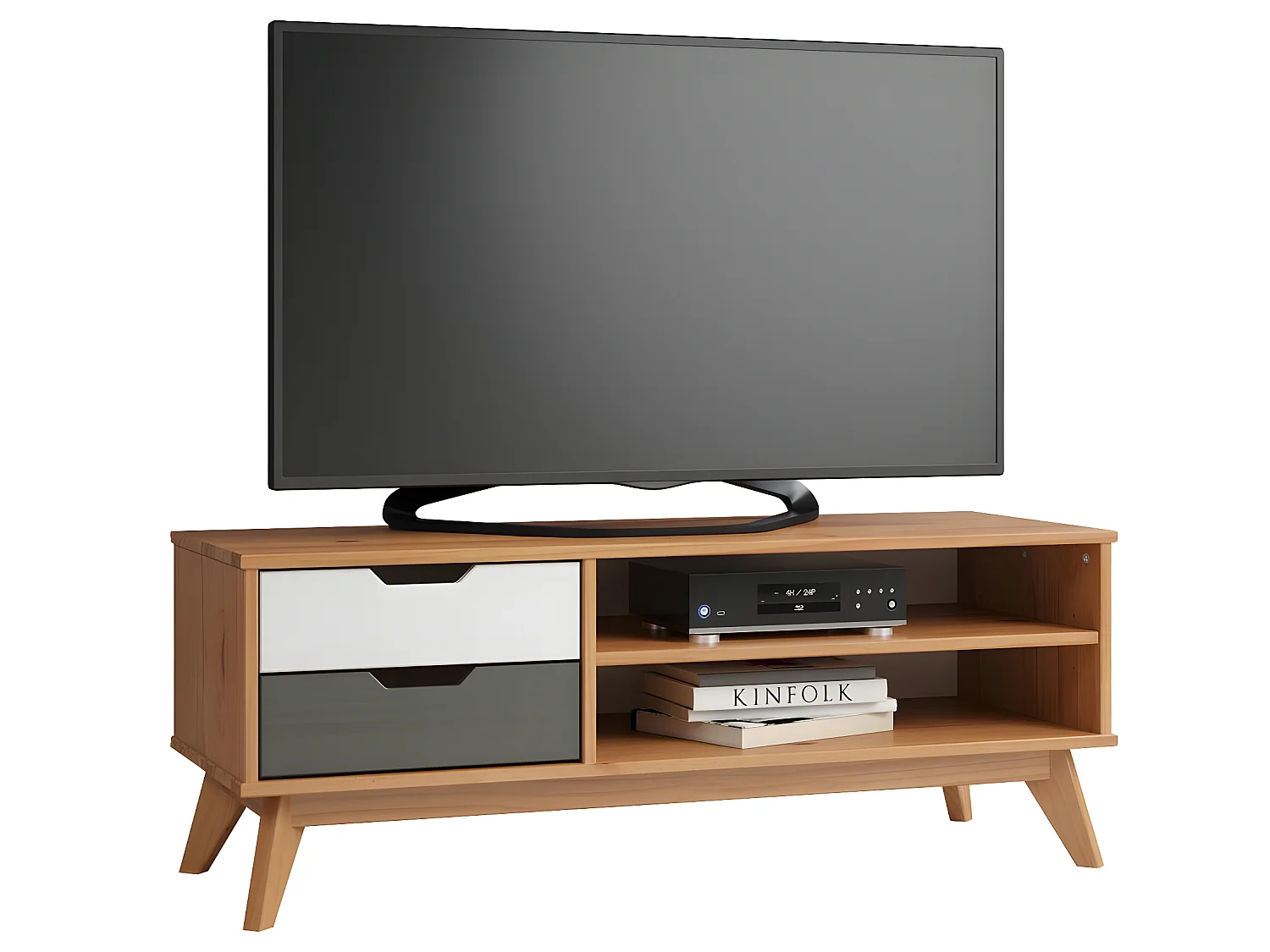 Scandik table TV 2 tiroirs, 1 tablette miel,blanc,gris.