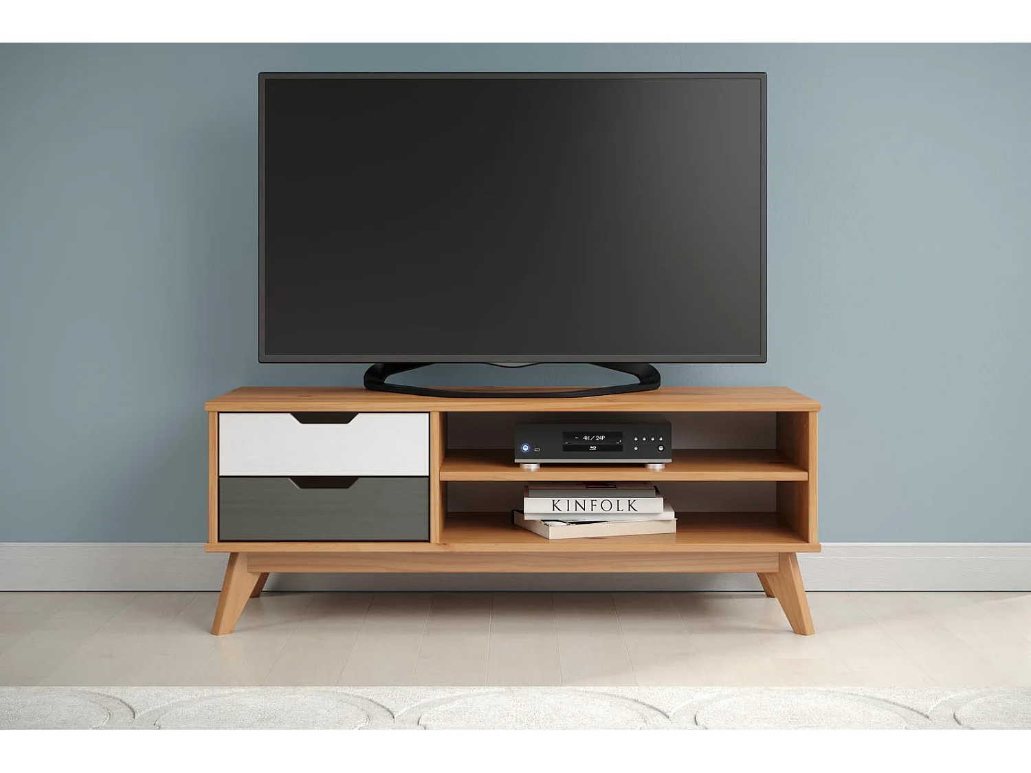 Scandik table TV 2 tiroirs, 1 tablette miel,blanc,gris.