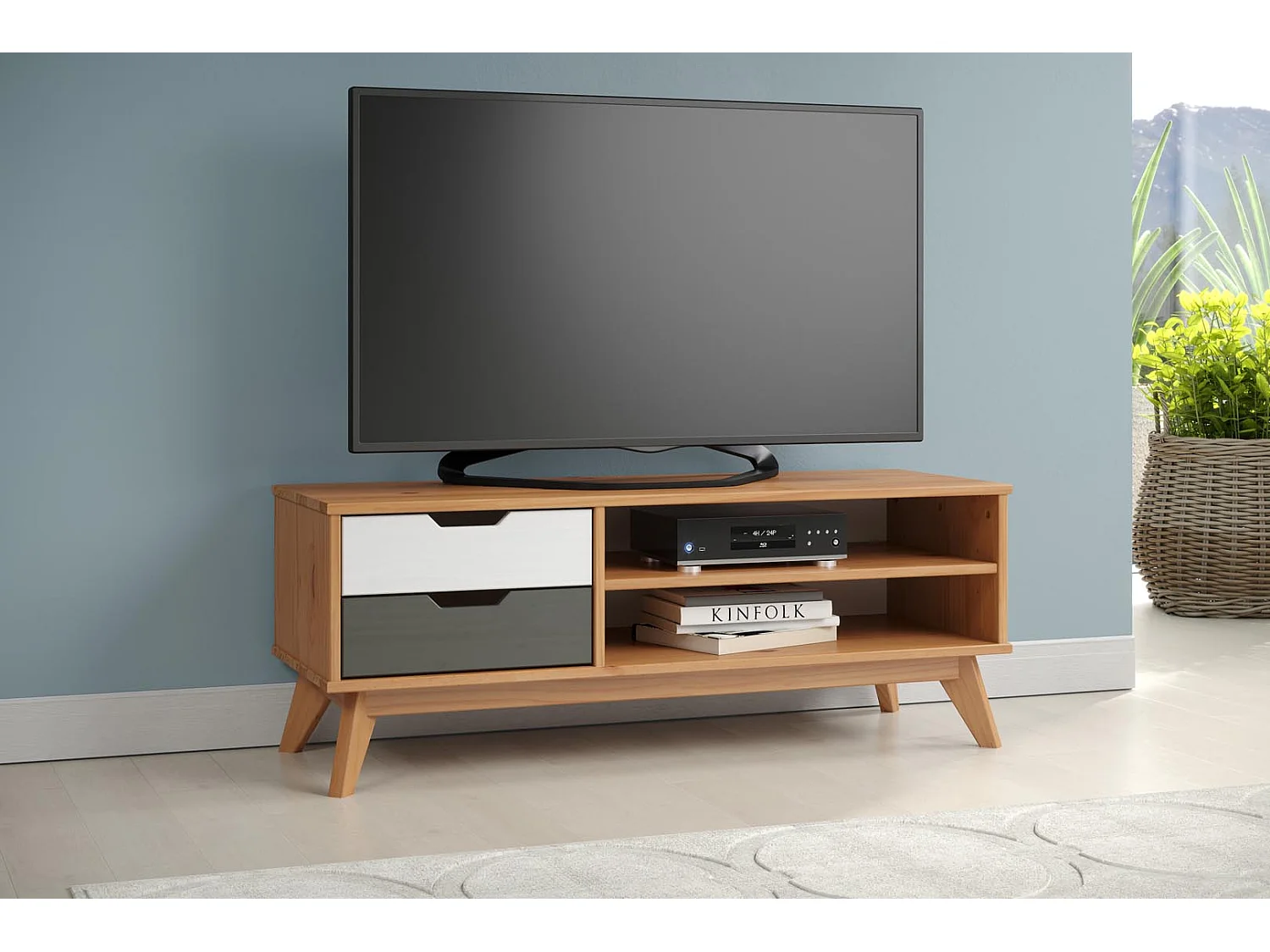 Scandik table TV 2 tiroirs, 1 tablette miel,blanc,gris.