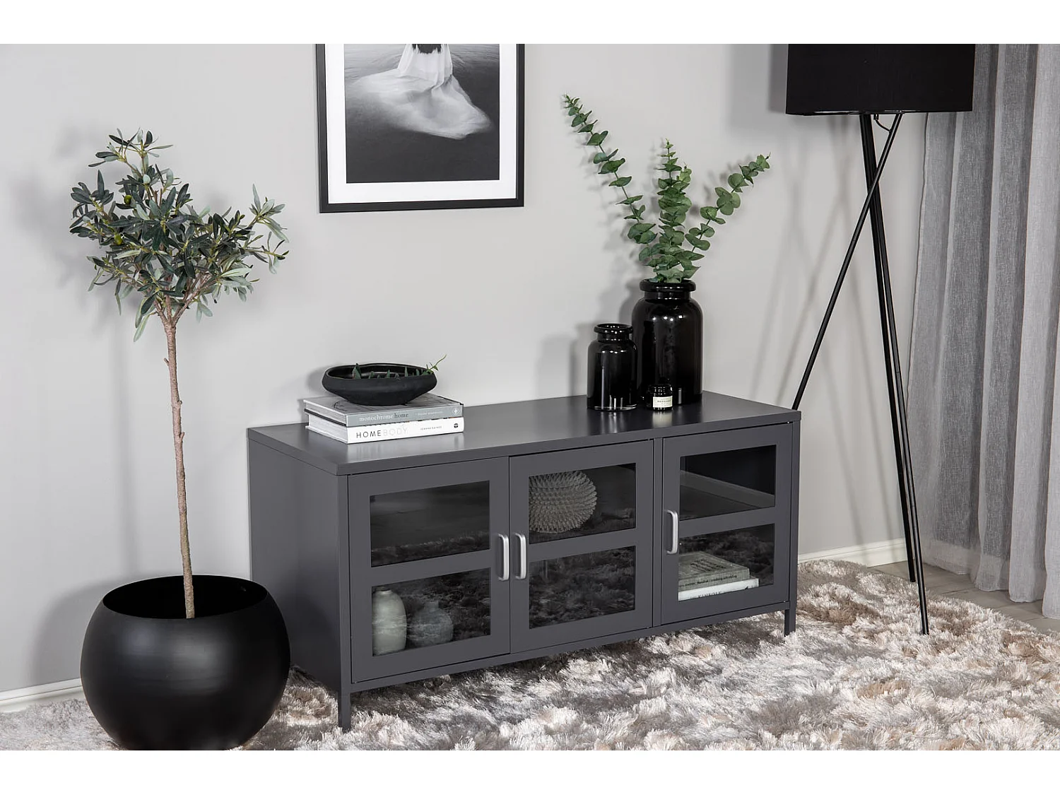 Acero TV Tisch 2 Türen, 2 Schubladen, hellgrau.