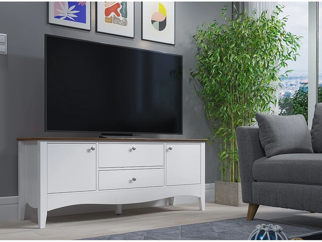 Meuble TV 3 portes 1 tiroir blanc et bois clair Elisa