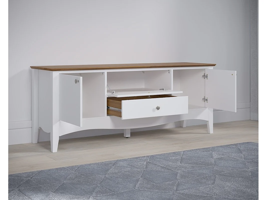 Meuble TV 3 portes 1 tiroir blanc et bois clair Elisa