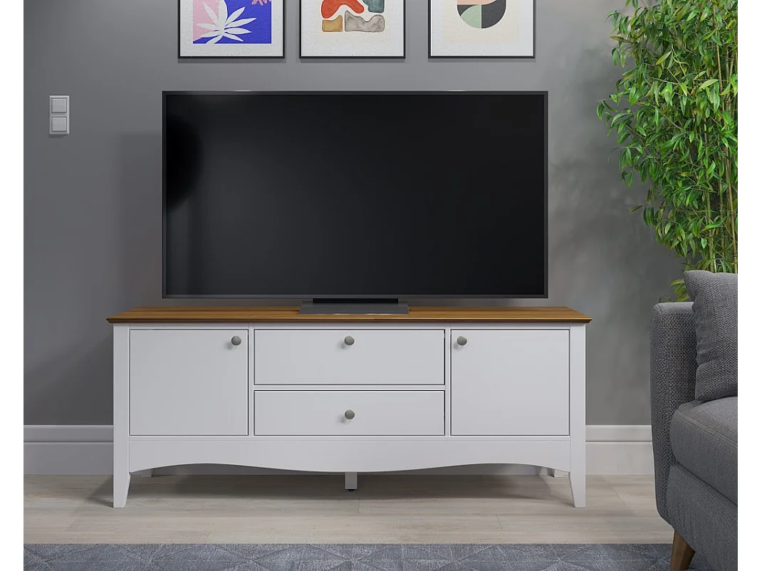Meuble TV 3 portes 1 tiroir blanc et bois clair Elisa