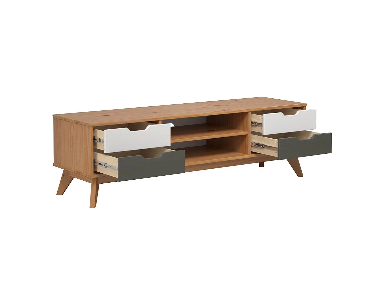 Scandik TV-meubel 4 laden, 1 plank honing,wit,grijs.