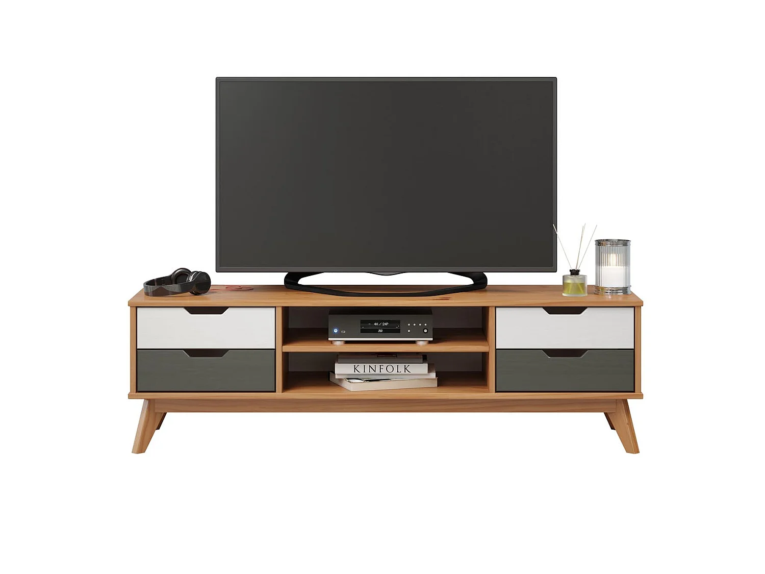 Scandik TV-meubel 4 laden, 1 plank honing,wit,grijs.