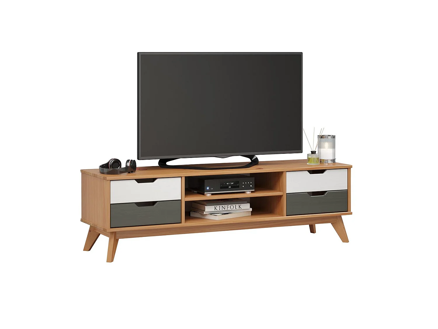 Scandik TV-meubel 4 laden, 1 plank honing,wit,grijs.