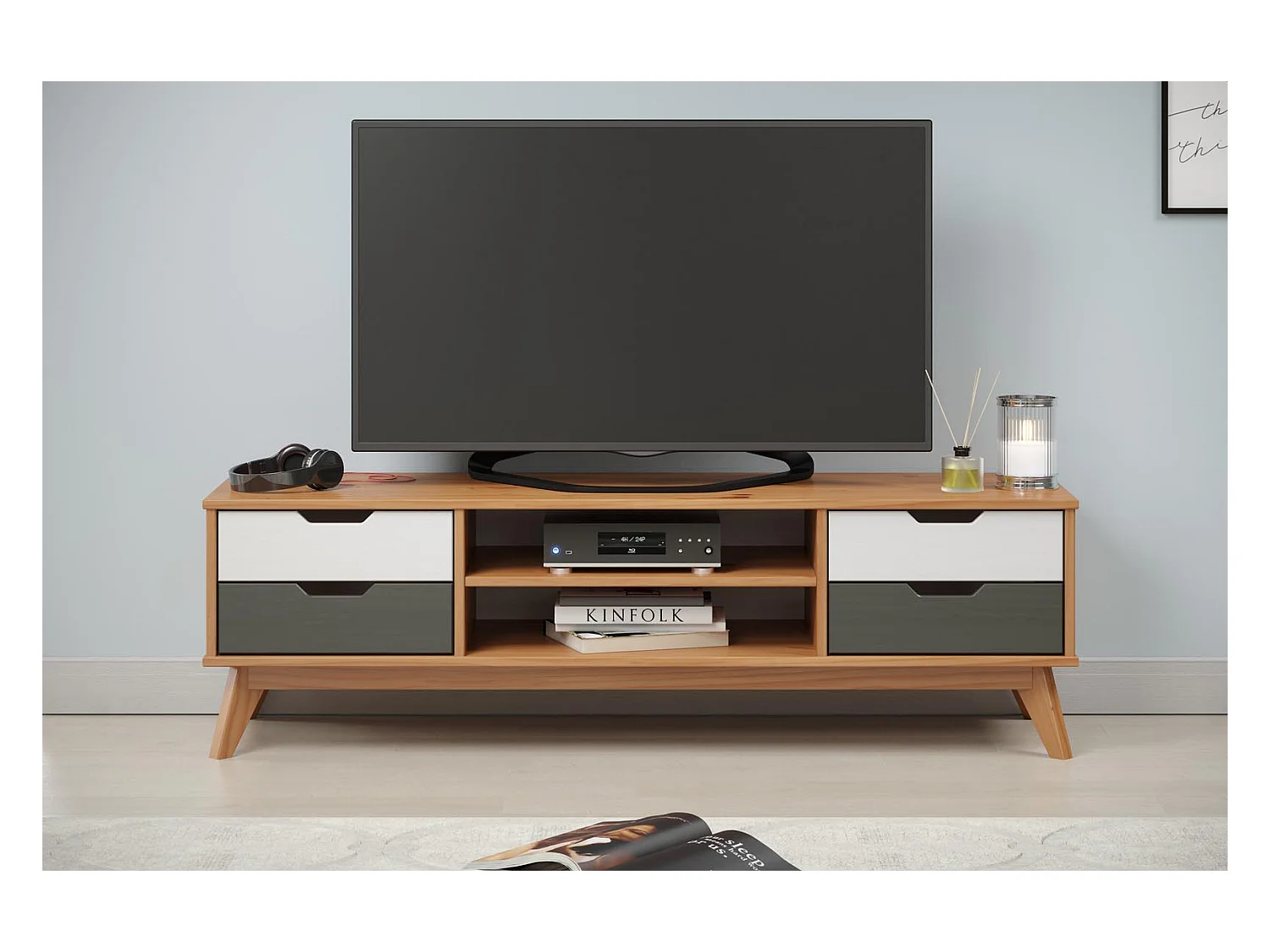 Scandik TV-meubel 4 laden, 1 plank honing,wit,grijs.