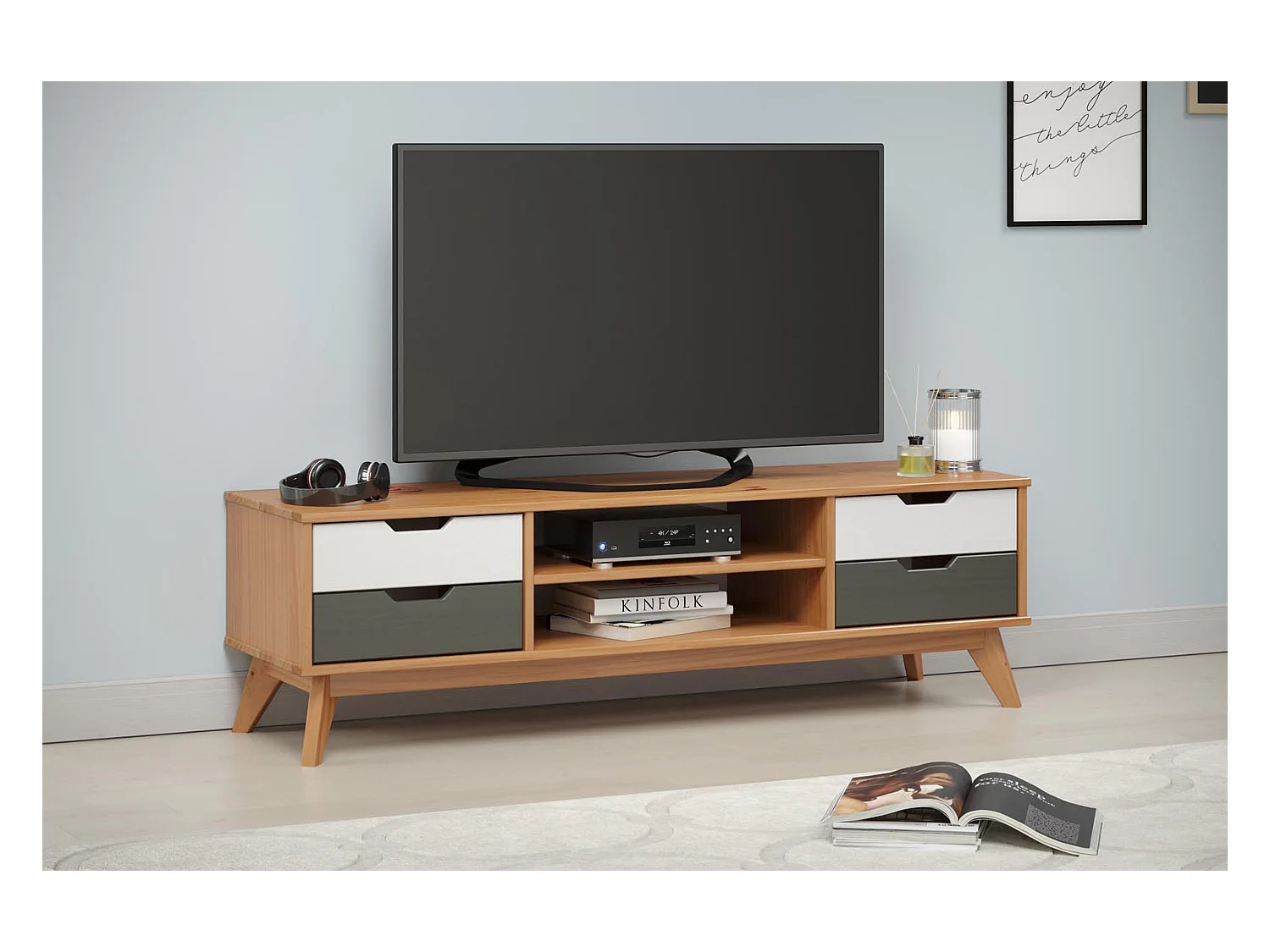 Scandik TV-meubel 4 laden, 1 plank honing,wit,grijs.