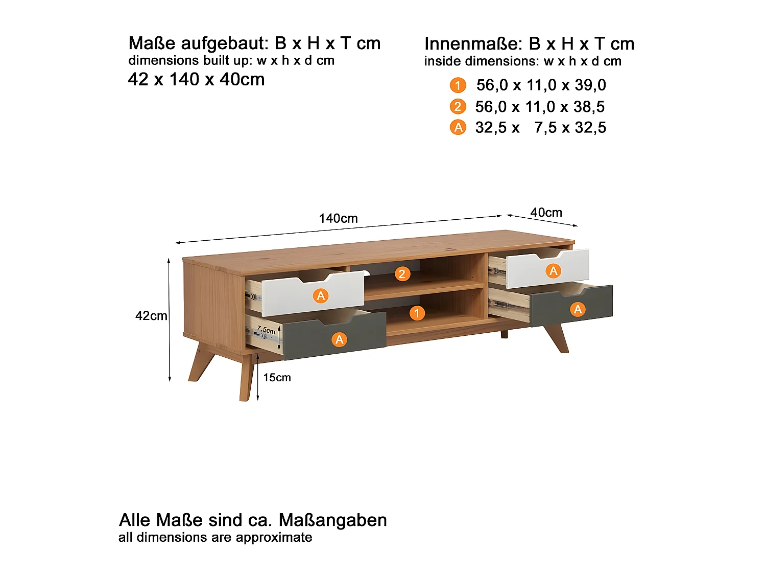 Scandik TV-meubel 4 laden, 1 plank honing,wit,grijs.