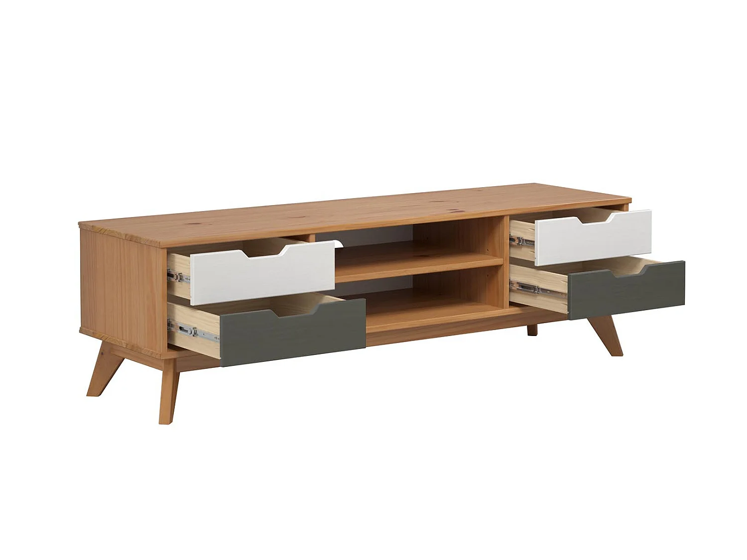 Scandik TV-meubel 4 laden, 1 plank honing,wit,grijs.