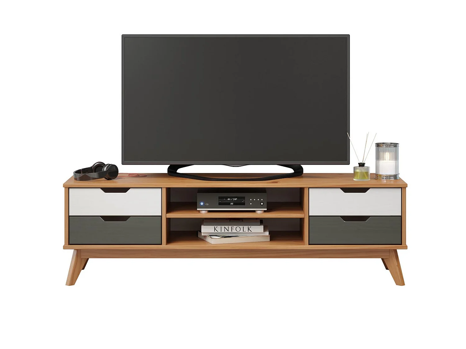 Scandik TV-meubel 4 laden, 1 plank honing,wit,grijs.