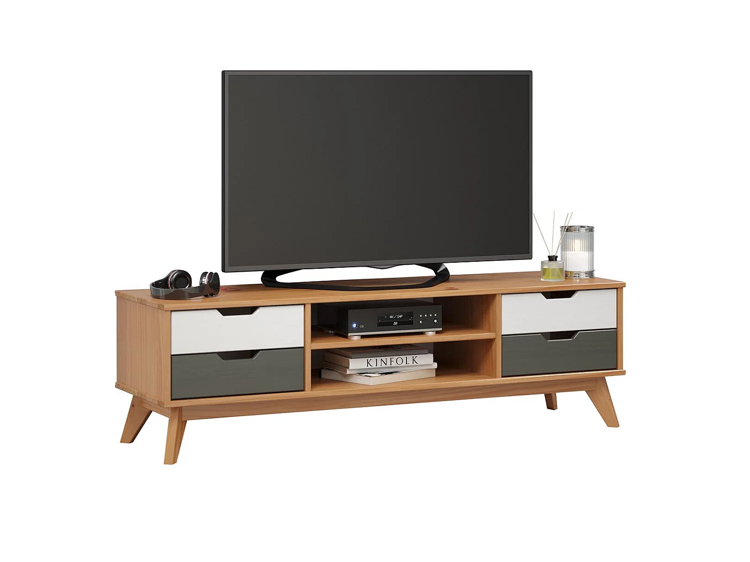 Scandik TV-meubel 4 laden, 1 plank honing,wit,grijs.