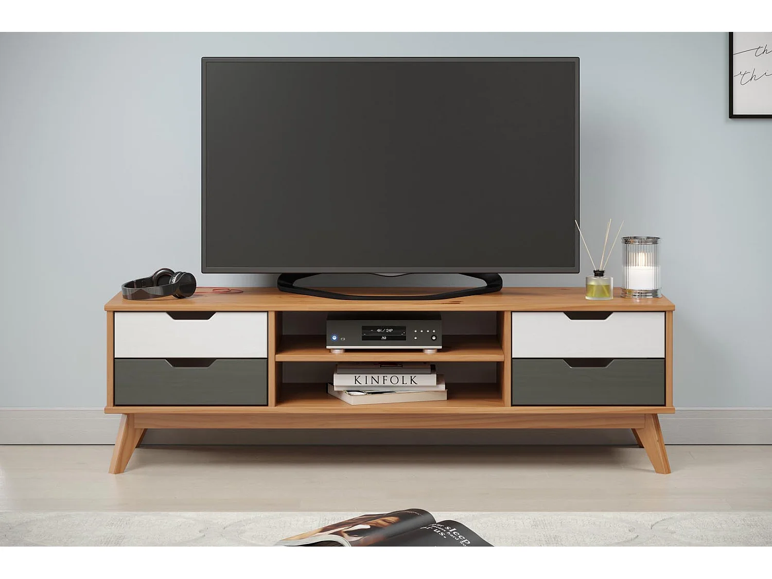 Scandik TV-meubel 4 laden, 1 plank honing,wit,grijs.