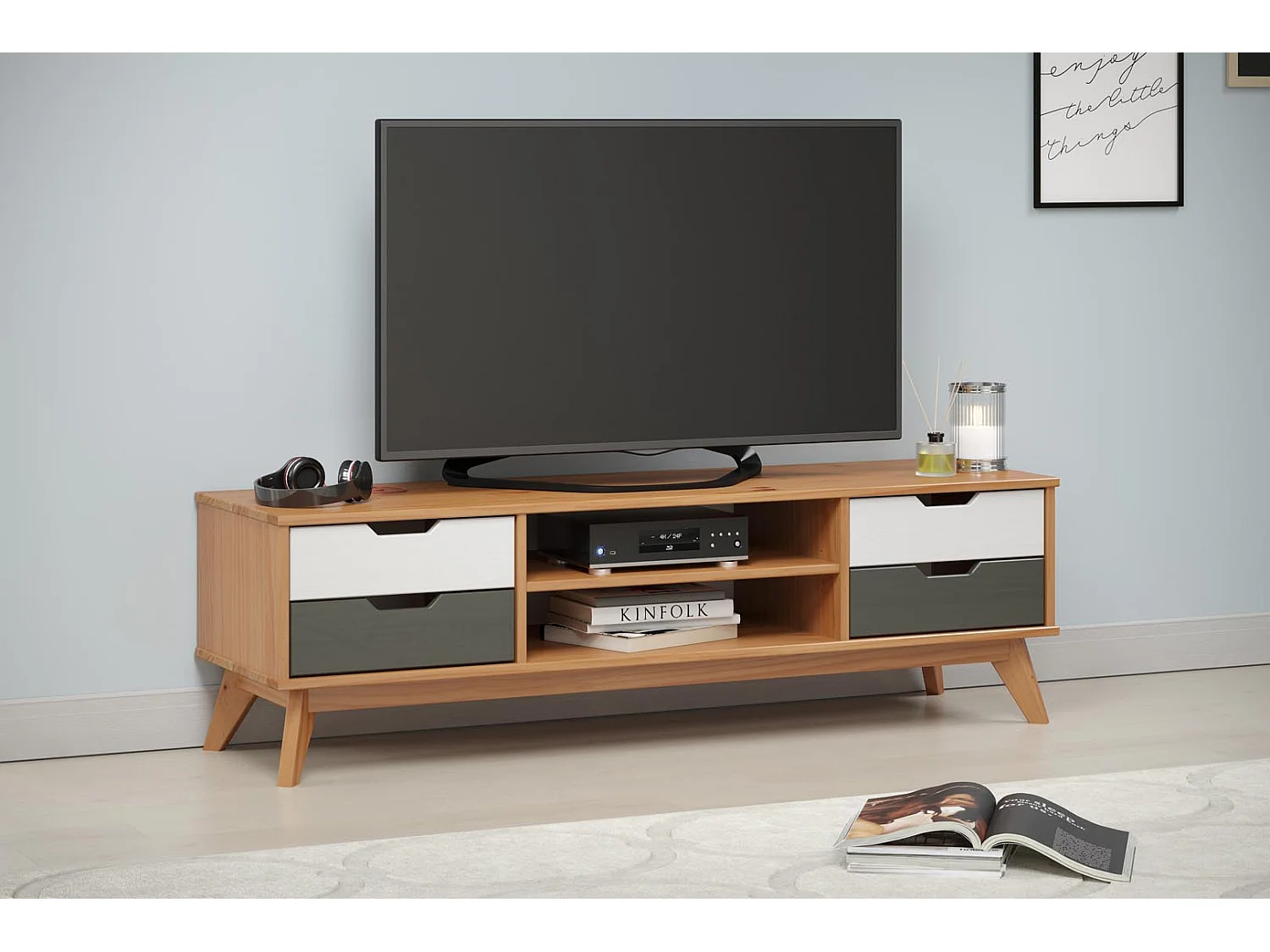 Scandik TV-meubel 4 laden, 1 plank honing,wit,grijs.