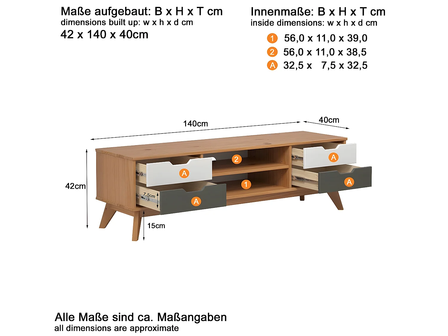 Scandik TV-meubel 4 laden, 1 plank honing,wit,grijs.