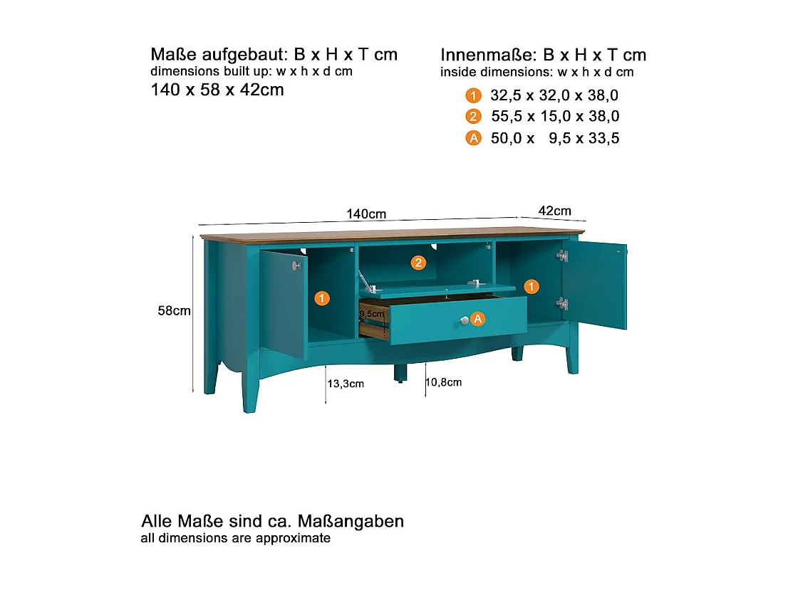 Meuble TV 3 portes 1 tiroir bleu et bois clair Elisa