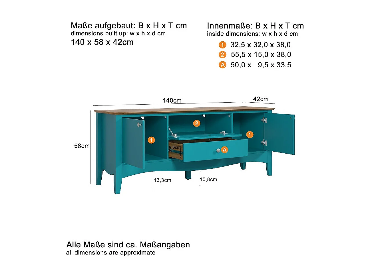 Meuble TV 3 portes 1 tiroir bleu et bois clair Elisa