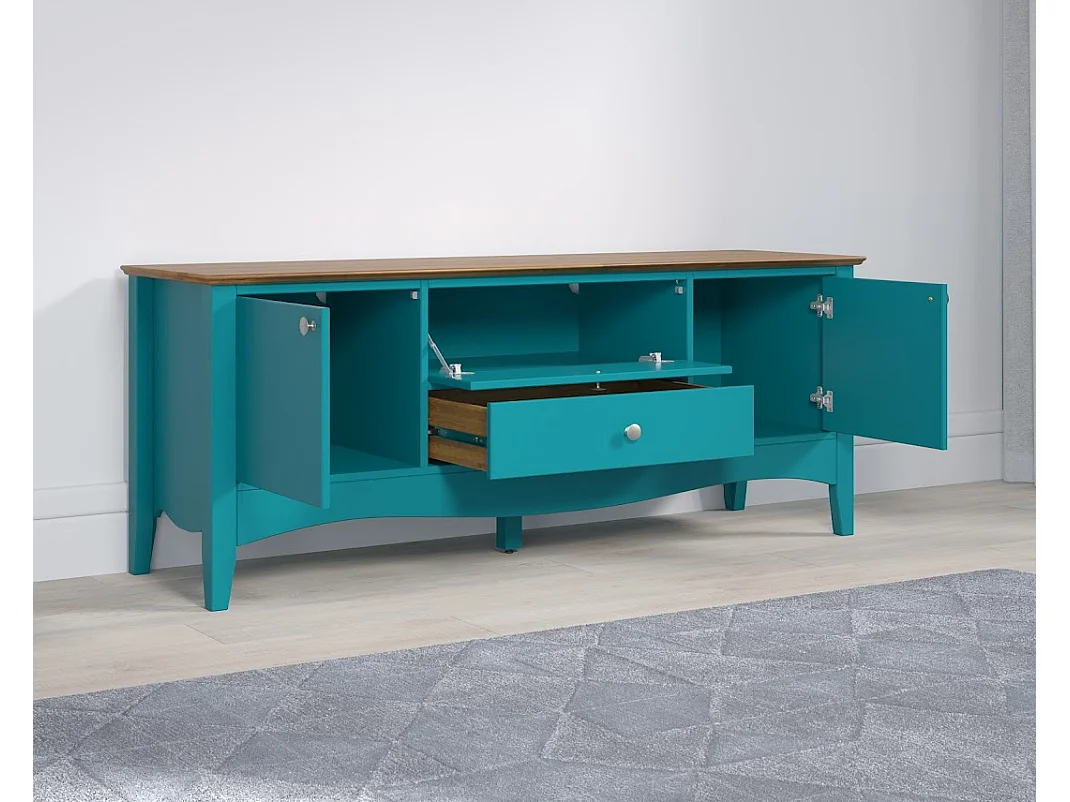 Meuble TV 3 portes 1 tiroir bleu et bois clair Elisa