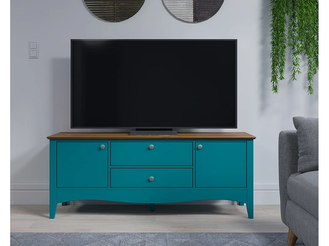 Meuble TV 3 portes 1 tiroir bleu et bois clair Elisa