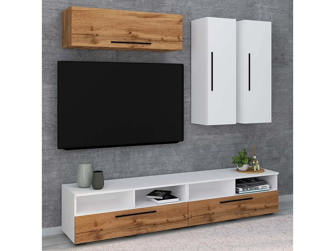 TV Furniture Arila White / Honey oak H. 200 x W. 190 x D. 40 cm