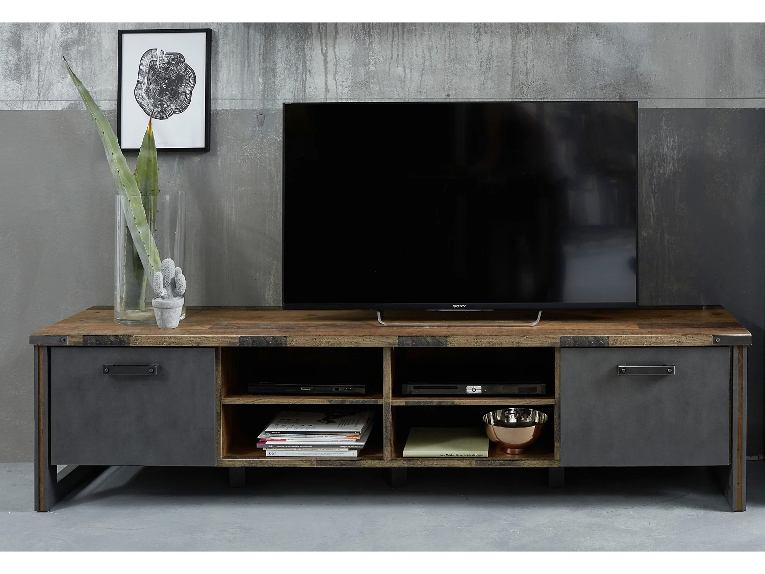 Prip Meuble TV, 4 Espaces de rangement et 2 portes battantes, look vieux bois, Matera .