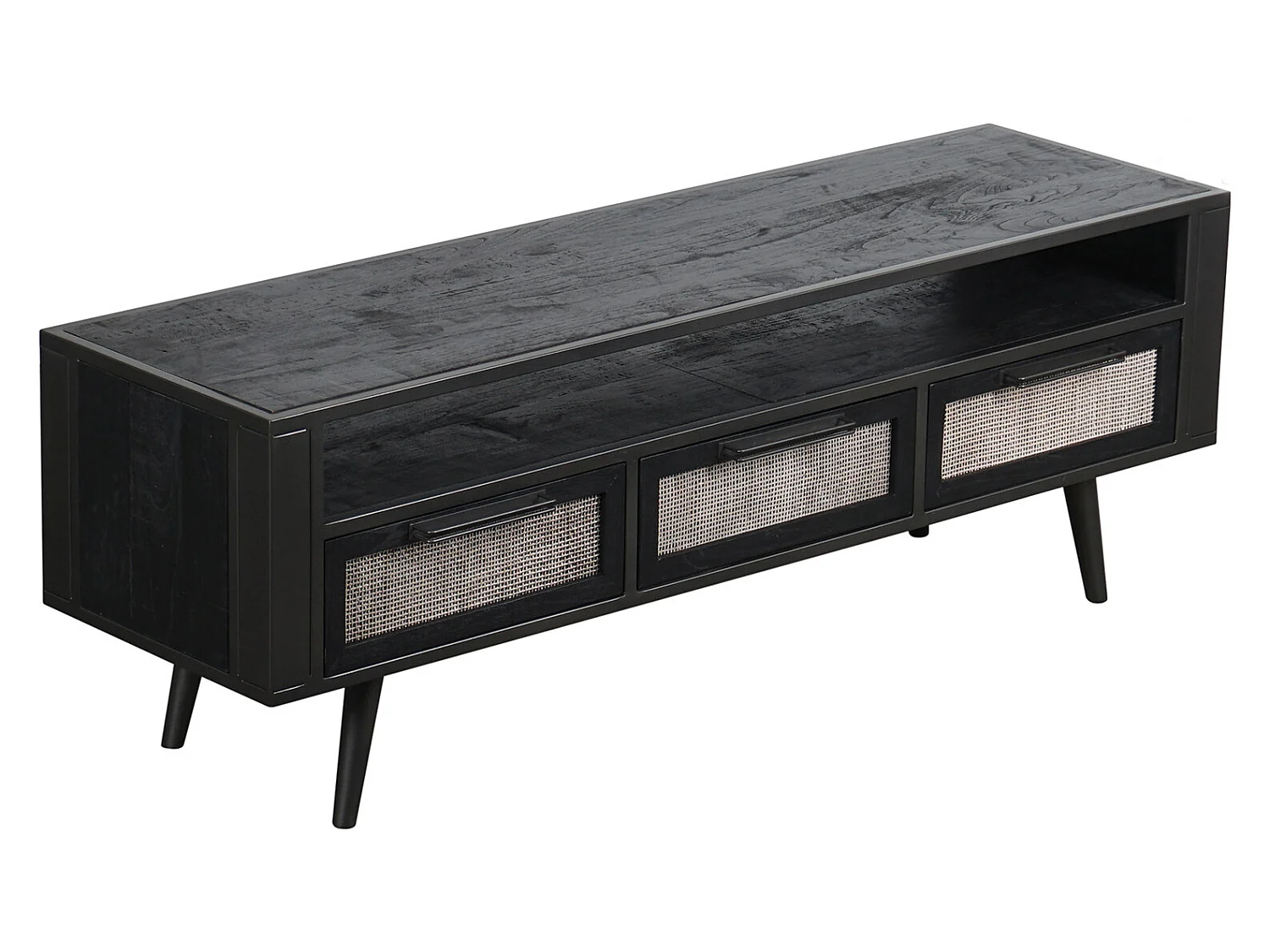 NordicMindiRattan Meuble TV avec 1 espace de rangement ouvert et 3 tiroirs, noir.