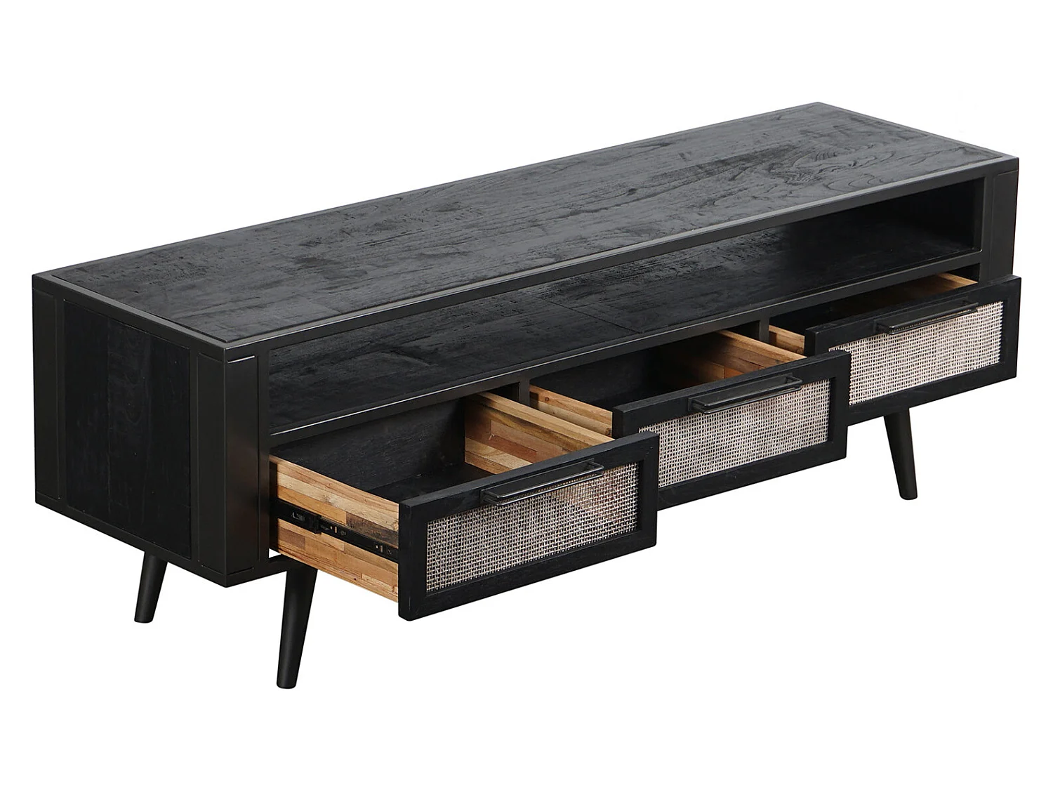 NordicMindiRattan Meuble TV avec 1 espace de rangement ouvert et 3 tiroirs, noir.