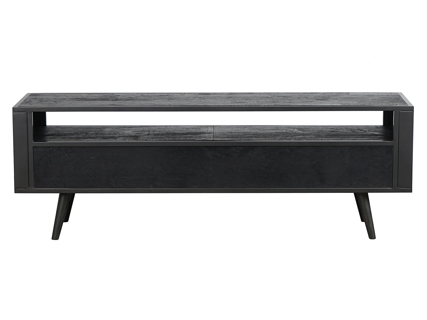 NordicMindiRattan Meuble TV avec 1 espace de rangement ouvert et 3 tiroirs, noir.