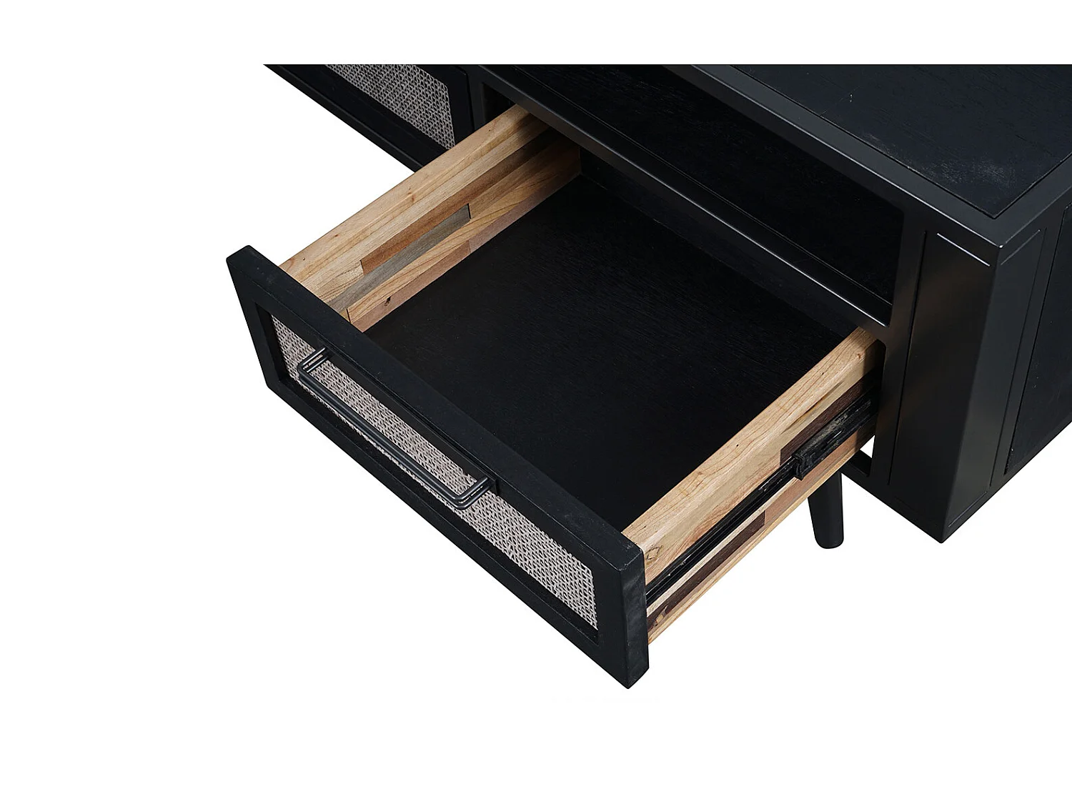 NordicMindiRattan Meuble TV avec 1 espace de rangement ouvert et 3 tiroirs, noir.