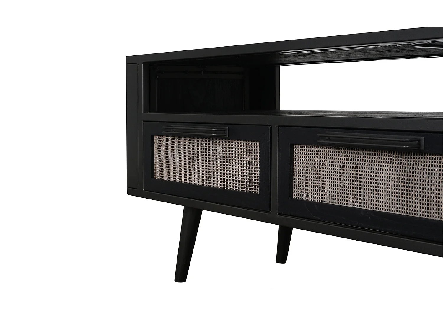 NordicMindiRattan Meuble TV avec 1 espace de rangement ouvert et 3 tiroirs, noir.