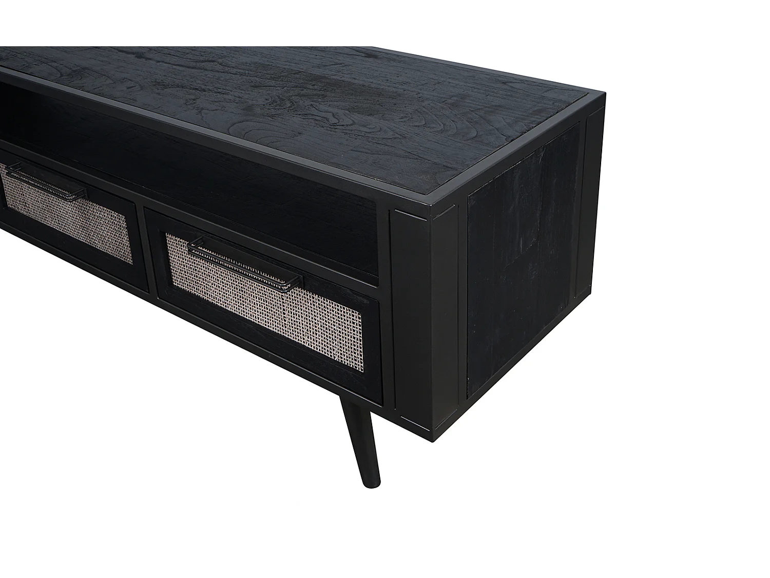 NordicMindiRattan Meuble TV avec 1 espace de rangement ouvert et 3 tiroirs, noir.