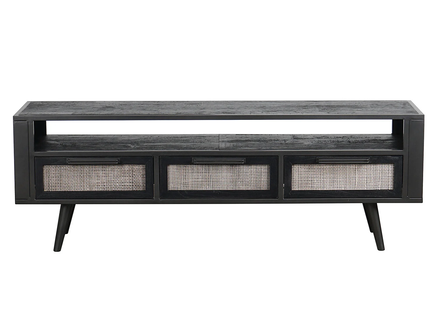 NordicMindiRattan TV Tisch mit 1 Ablage und 3 Schubladen, schwarz.