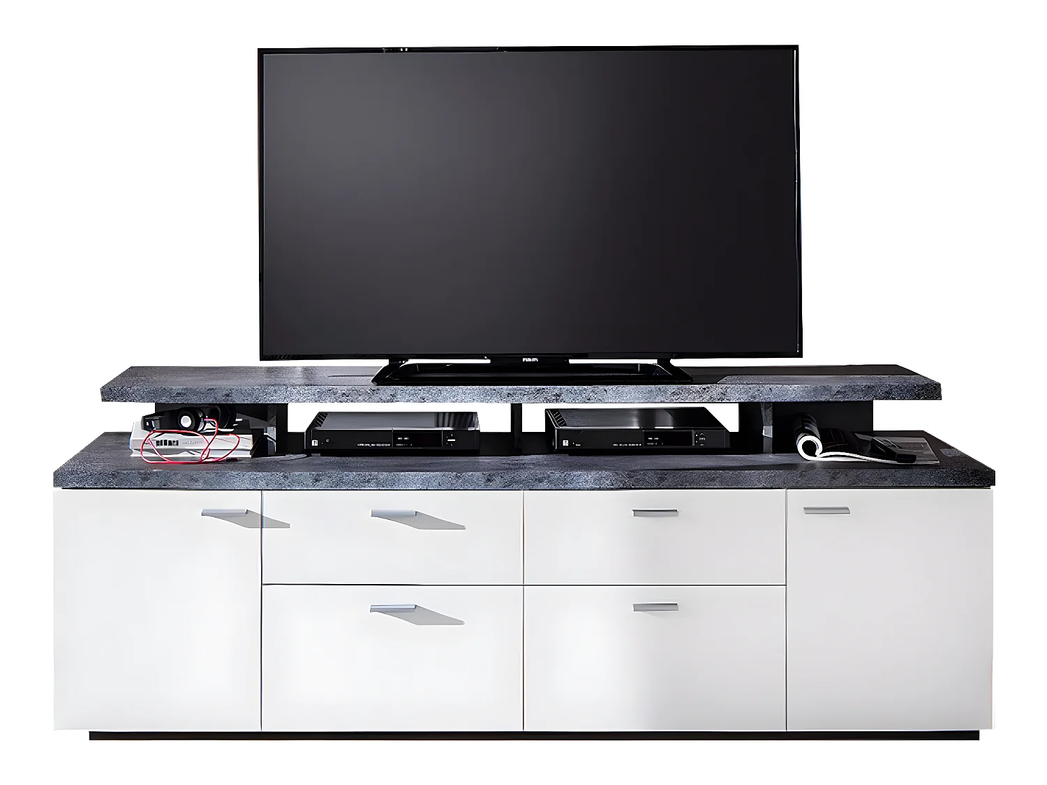 Mood TV Möbel 2 Türen, 2 Schubladen, 4 Offene Fächer, 2 Klappen weiß, Stone dekor.