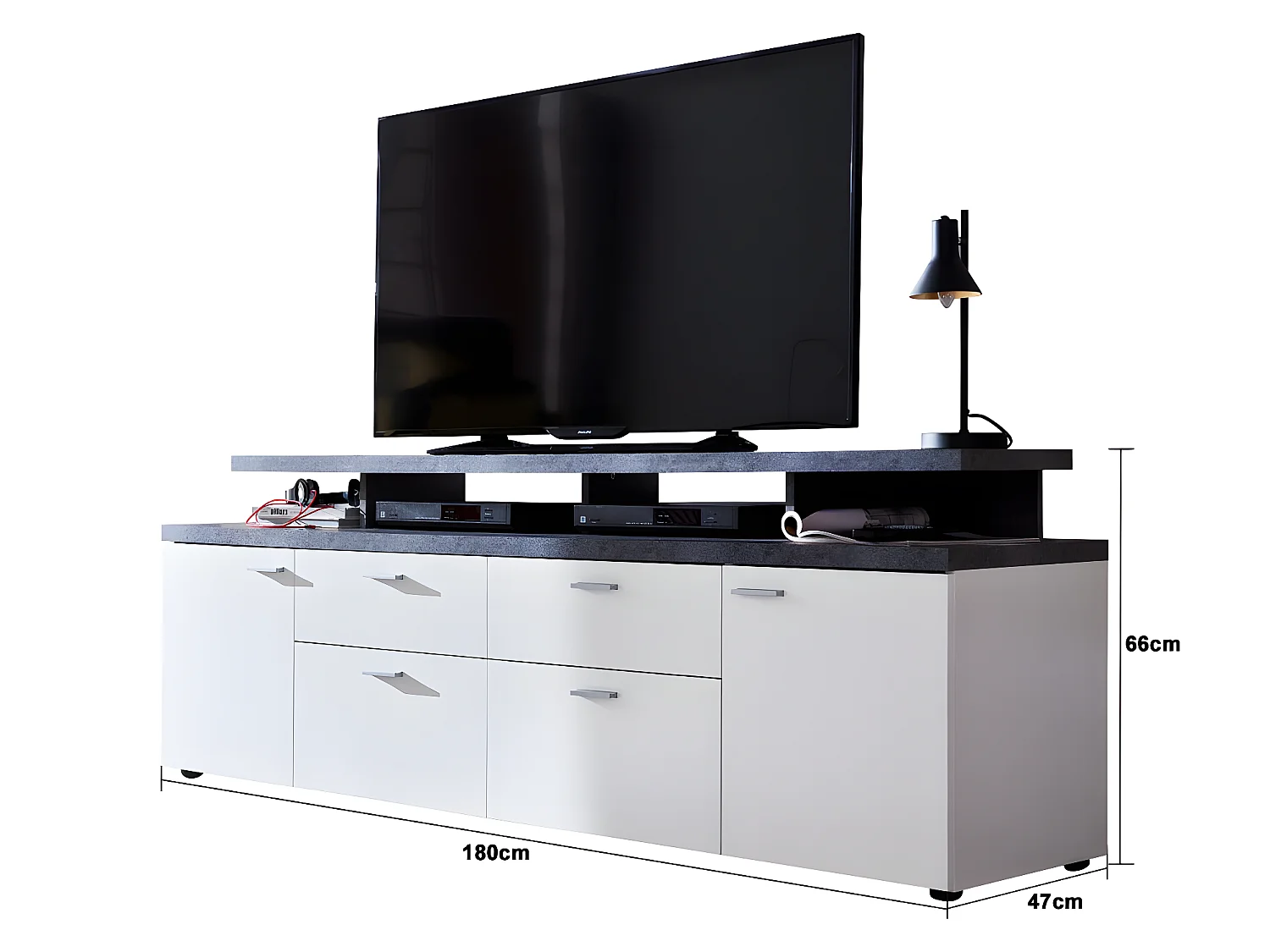 Mood TV Möbel 2 Türen, 2 Schubladen, 4 Offene Fächer, 2 Klappen weiß, Stone dekor.