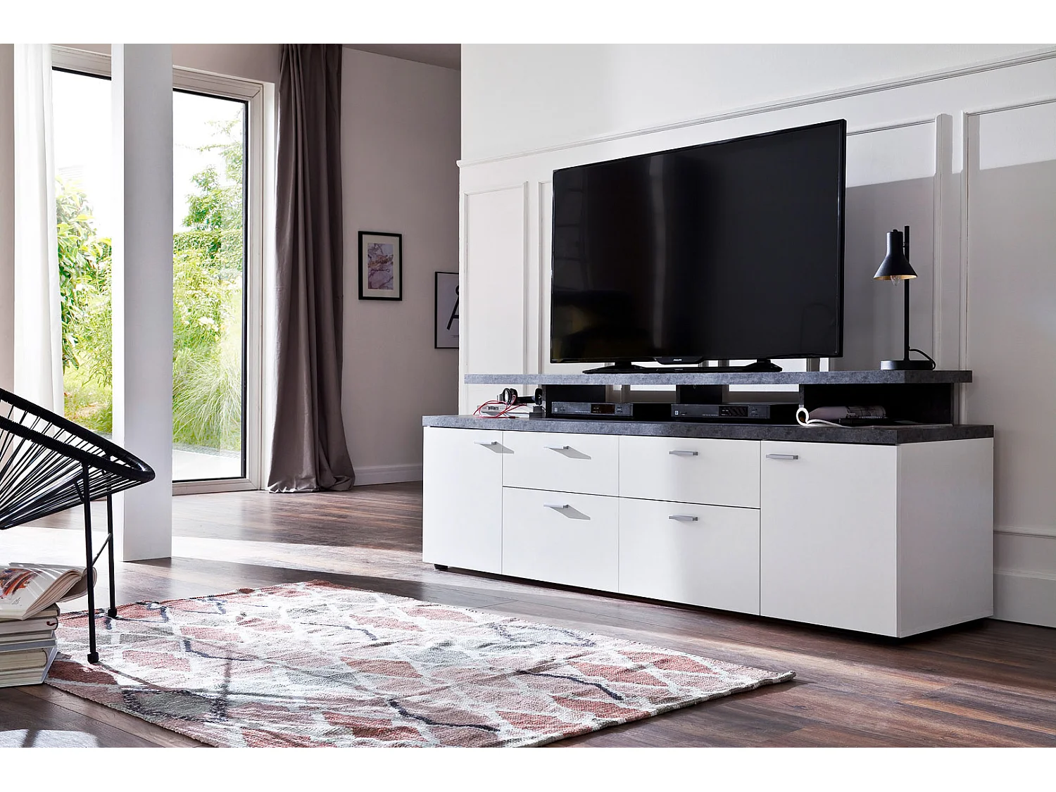 Mood TV Möbel 2 Türen, 2 Schubladen, 4 Offene Fächer, 2 Klappen weiß, Stone dekor.