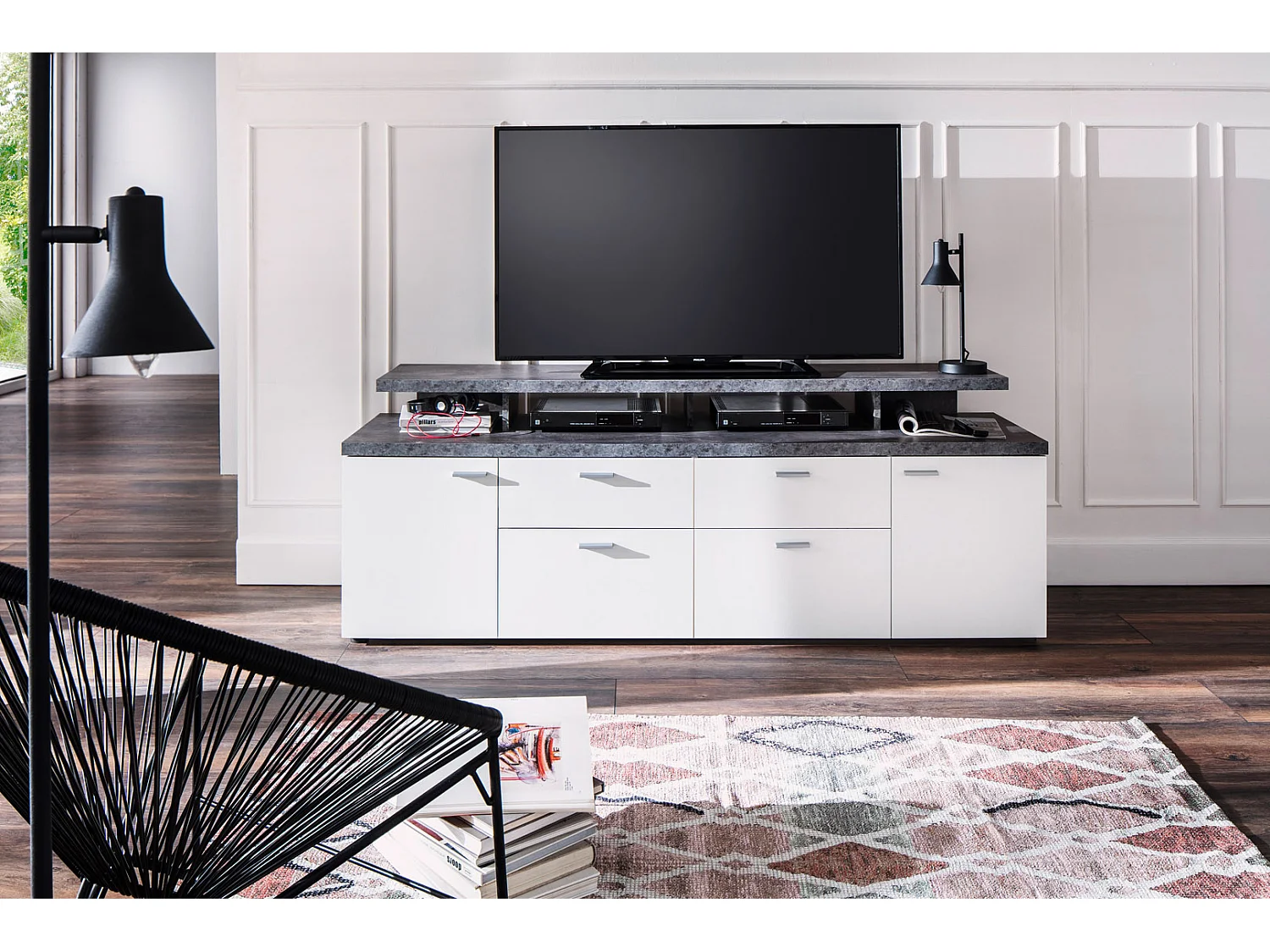 Mood TV Möbel 2 Türen, 2 Schubladen, 4 Offene Fächer, 2 Klappen weiß, Stone dekor.